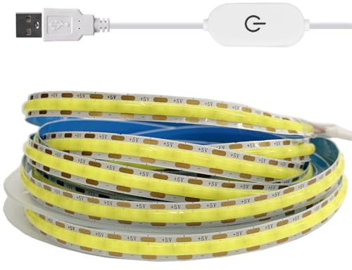 TOPXCDZ 5 V USB COB LED Strip Lights Touch Dimmer LED Flexible Diode Band for Kitchen Garage DIY TV Mirror PC Backlight Wall Decor Lights (Cold White, 1 m)