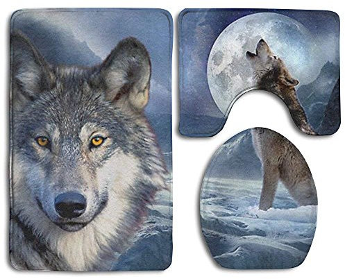 MOON WOLF Rutschfeste Badematten Set 3 Teilig Badvorleger Set inkl. Badteppich/Konturmatte/WC-Deckelbezug