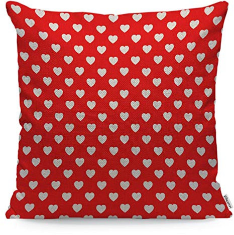 WONDERTIFY Kissenbezug mit roten und weißen Herzen, gepunktet, weicher Leinen-Kissenbezug für dekoratives Schlafzimmer/Wohnzimmer/Sofa/Bauernhaus, 45 x 45 cm
