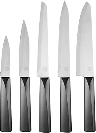 MasterChef Coltelli Cucina, Coltello Giapponese, Lama Affilato per Pane, Carne, Bistecca, Verdure e altro, Acciaio Inox, Prova di Calore, Manici Neri, Lavabile in Lavastoviglie, 5 Pezzi