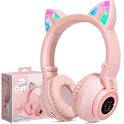 JYPS Cuffie Bluetooth Bambina, Cuffie Bambini senza Fili con Orecchie da Gatto e Luce a LED, Wireless Cuffie Bluetooth Over Ear per Bambina/Bambino/Ragazza, con Slot per Schede SD