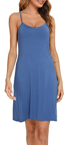 Vlazom Women's Nightdresses Soft Full Slip Petticoat Spaghetti Strap Chemises V Neck Negligee Nightgown, Cobalt Blue, L