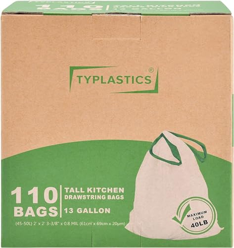 TYPLASTICS Lot de 110 grands sacs poubelle avec cordon de serrage pour cuisine 45 l
