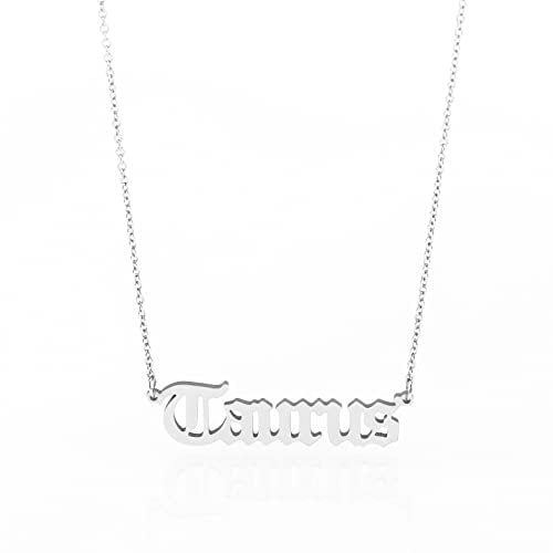 Minegreet Old English Zodiac Necklace for Women, Horoscope Birth Star Sign Letter Astrology Constellation Necklace Birthday Gift (Taurus-Silver)