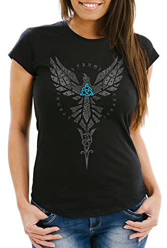 Neverless® Damen T-Shirt Rabe Munin Raven Odin Valknut Valhalla Wikinger Walküre Mythologie Runen Slim Fit schwarz XL