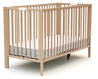 AT4 - Klappbares Babybett Holz 60x120 ESSENTIEL Buche lackiert | 124 x 64 x 82 cm |Faltbares Kinderbett | Gitterbett mit Lattenrost 2 Stufen Höhenverstellbar