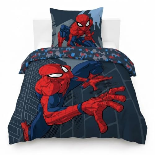 Marvel Spiderman Rues de la Ville, Parure de lit Enfant 140x200 cm, 100% Coton, lit 1 Personne - Comprend 1 Housse de Couette 140x200 cm, & 1 taie d'oreiller 80x80 cm