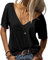 Tankaneo Damen Mode tief V-Ausschnitt Kurze Ärmel Tops Solide Lässig Lose Basic T Shirt Reines Schwarz XXL