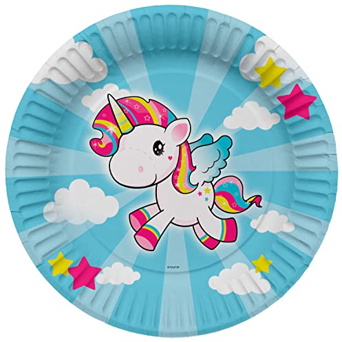 Folat 61933 Vajilla de fiesta Platos Fiesta Ø 23cm 8 piezas Unicornio - Platos de papel para Cumpleanos, Fiesta infantil, Despedida de Soltera, Compromiso, Boda, Aniversario