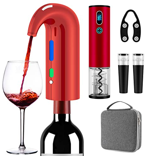 Higfra Electric Wine Opener Set with Aerator, Decanter, Foil Cutter, Stopper, Red