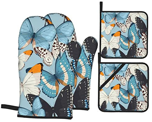 Butterfly1 Lindo llanto Motosierra Horno Manoplas y agarraderas Guantes de Barbacoa Impermeables y duraderos para cocinar Hornear Asar a la Parrilla Juego de 4 Piezas