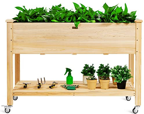 GOPLUS Carré Potager avec Roues Verrouillables, Jardinière Surélevée sur Pied en Bois avec Étagère de Rangement & Trou de Drainage pour Fleurs, Herbes, Légumes, Fruits, 120x59x84cm