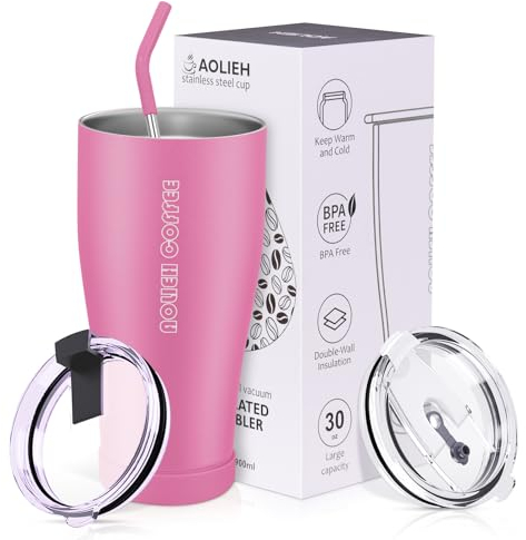 Aolieh 30OZ Thermobecher,Isolierte Kaffeetasse mit Deckel und Strohhalm, doppelwandiger Vakuum-Edelstahlbecher, wiederverwendbare Reiseflasche für heiße und kalte Getränke