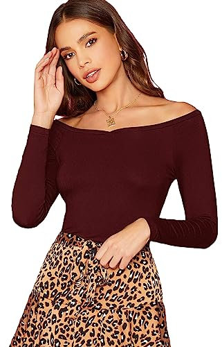 GORGLITTER Women's Off Shoulder Top T Shirt Long Sleeve Solid V Neck Rib Knit Skinny Lightweight Tee Top Burgundy M