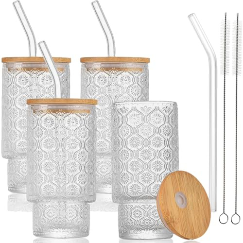 AVLA 4 Pack Drinking Glasses with Bamboo Lids and Straws, 12 OZ Vintage Stackable Highball Water Cup, Skinny Tall Collins Tumbler, Embossed Beverage Glassware Iced Coffee Glass for Mojito Juice Soda