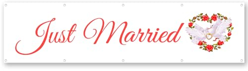 Cayyon Just Married-Flagge, Banner für drinnen und draußen, doppelt genäht, Polyester mit Messingösen (6 x 2,4 m Taube)