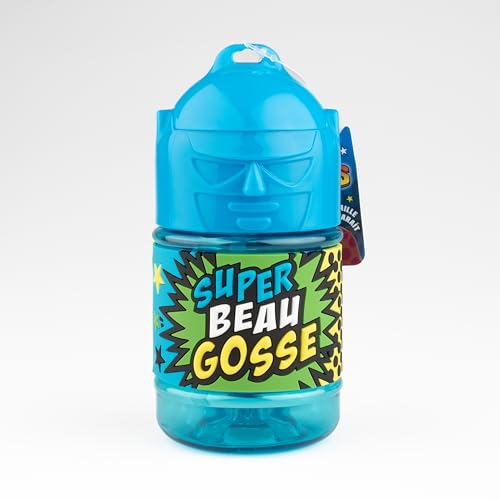 Bouteille personnalisée pour enfant, gourde d'eau avec paille - Super Beau Gosse, Bleu