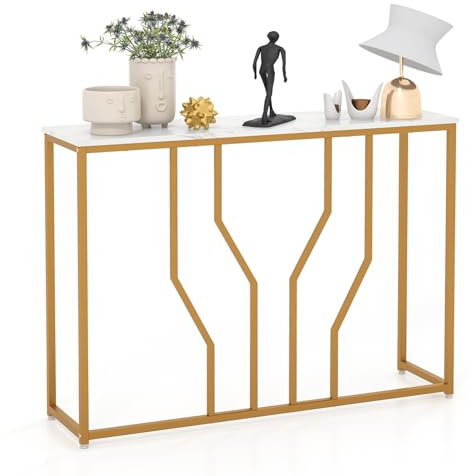 COSTWAY Konsolentisch, Eingangstisch schmal Marmor Optik, Sofatisch mit geometrischem Metallrahmen, Beistelltisch Gold + Weiß, 110 x 30 x 80 cm, für Wohnzimmer, Flur, Eingang