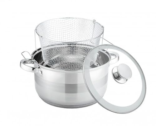 Frittiertopf Fritteuse Pommes Topf + Frittierkorb + Glasdeckel SS04