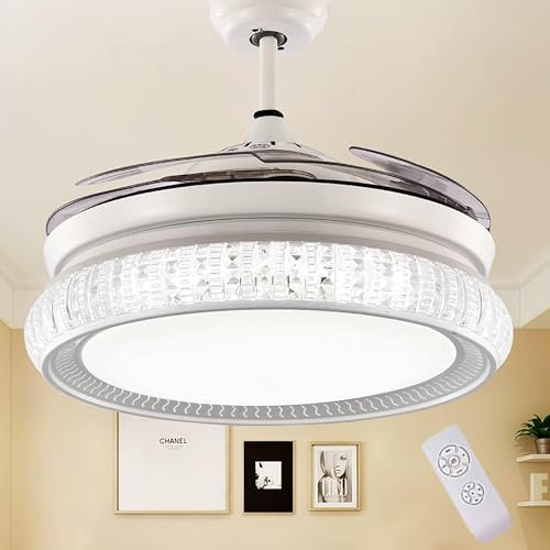 Ventilatore da soffitto moderno in cristallo da 42 pollici con luci, telecomando a 3 velocità, pale retrattili, lampadario, fandelier 3 luci con kit LED, modalità di temporizzazione for camera da lett
