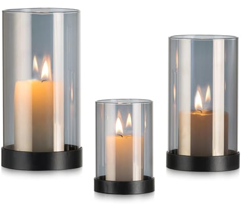 Inweder Glaszylinder Windlichter Kerzenständer für Kleine Stumpenkerzen: 3er Set Windlicht Schwarz Outdoor Tischdeko Kerzenhalter Modern Weihnachten Deko Glas Windlichter Teelicht Kamin Wohnzimmer