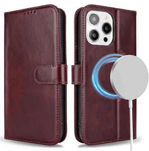 ELTEKER Handyhülle für iPhone 15 Pro Max Hülle [Echtes Leder] Klapphülle Schutzhülle Flip Case - Braun
