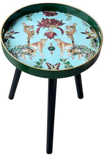 Simmer Stone Round Indoor Side Tables with Detachable Wooden 3 Legs, Versatile Tray Table, Perfect For Round Coffee Table Tea, and Relaxation Time 17.7 Inch (Green Leopard)