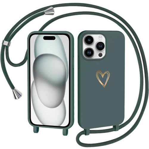 CaseLover Handyband kompatibel mit iPhone 14 Pro Hülle mit Band, Herz Muster Silikon Necklace Handyhülle mit Abnehmbar Kordel zum Umhängen Stossfest Bumper Handy Schutzhülle für iPhone 14 Pro, Grün