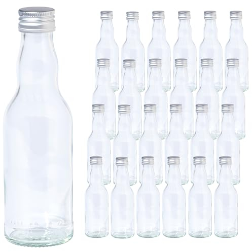 Vitrea 24 leere Glasflaschen 200ml Schraubverschluss Silber - kleine Flaschen zum Befüllen mit Deckel - für Saft, Getränke, Likör, Öl, Saucen, Sirup - 24 Stück, PP28, Kropfhals