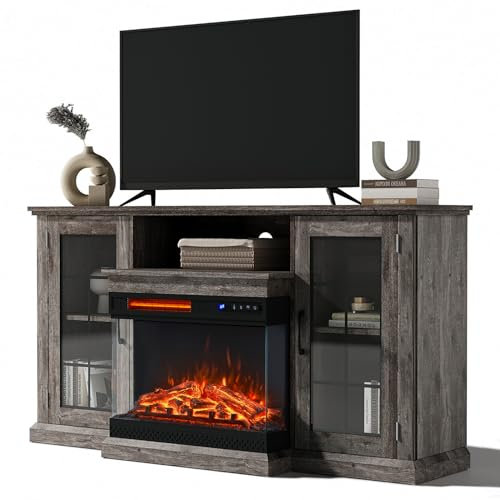 INMOZATA Electric Fire Insert TV Stand, Console Table with 3-Side Realistic LED Flame Effect Display, Remote Control&Overheat Protection, 25 Fireplace, for 65 TV, Grey