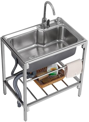 Einschalen-edelstahlspüle, Gartenspüle Mit Wasserhahn, Abtropfkorb Freistehende Spüle Für Die Gastronomie Mit Ablagen Und Handtuchhalter Geeignet Für Waschküchen, Garagen