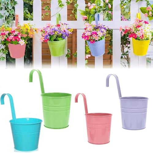 Portavasi da Balcone,4 PCS Vasi di Fiori Appesi Metallo Portavaso da Appendere Grandi Vasi da Fiori con Gancio Vasi per Balcone Giardino Decorazione per la Casa