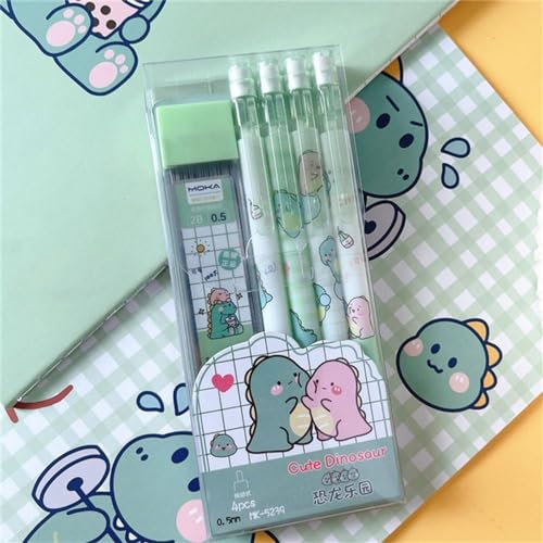 Kawaii – Porte-mine automatique 0,5 mm avec gomme, fournitures scolaires, crayon mobile avec gomme (4 crayons verts, 1 encre)