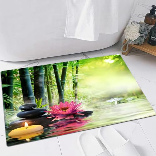 EMFSLA rutschfest Badezimmer Badeteppiche,Weich Hochflor Saugfähig Badvorleger Waschbar Flauschige Mikrofaser Badematte,Spa-Bambuslotus für orientalische japanische asiatische Zen-Meditation,60x90 cm