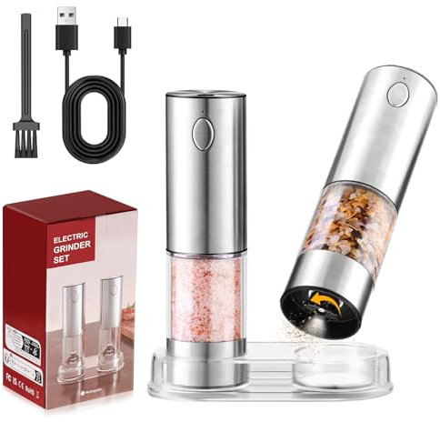 Fzaqwen Juego de molinillo eléctrico de sal y pimienta recargable, paquete de 2 saleros y pimenteros de acero inoxidable recargables, molinillo de especias automático con gruesos ajustables y mayor