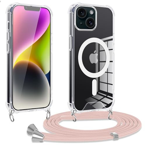 Oelrstfe Magnética Funda para iPhone 14/iPhone 13 con Cuerda Compatible con MagSafe Carcasa PC Silicona Transparente con Collar Correa de Cuello Antigolpes Anti-Arañazos Case,Cordón (Oro Rosa)