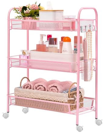 VR7 - 3 Tier Storage Trolley on Wheels, Kitchen Storage Rack, Versatile Metal Storage Organizer for Kitchen, Bedroom, Bathroom, Craft, Laundry, and More - Rolling Utility Trolley Easy Assembly - Pink