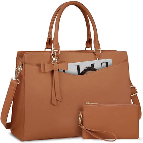 RAINSMORE Sac Cabas Femme Marron 15.6 Pouces Ordinateur Portable Sac de Cours PU Cuir avec Pochettes et Clutches pour Affaires Travail et Tous les Jours Hiver
