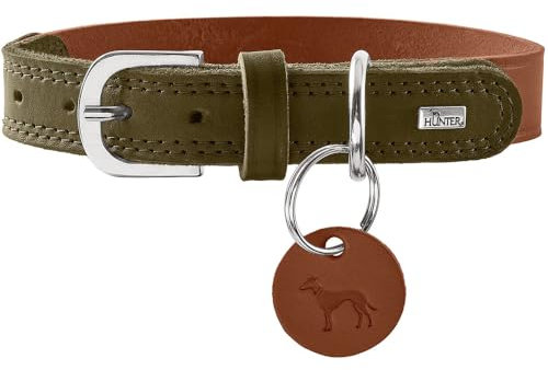 HUNTER Hundehalsband LEMVIG, Farbe: Cognac/Oliv, Leder, belastbar & strapazierfähig, angenehm weich, komfortabel, elegant & trendig, Made in Germany, Größe: 65