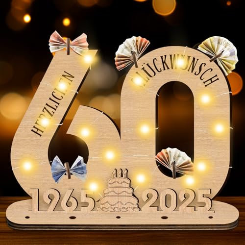GothicBride 2025 60 Geburtstag Frau Geschenk, 60 Geburtstag Deko Geschenke Holz-Schild mit LED, 60 Geburtstag Mann Deko Gästebuch Geldgeschenke Geburtstag Deko, Personalisierbares Geschenk
