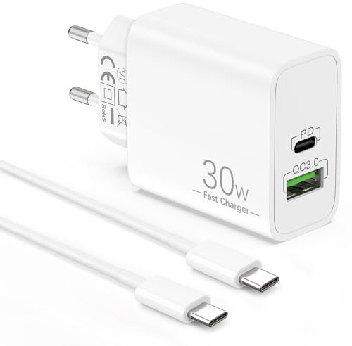 30W USB C/A Ladegerät Netzteil mit Ladekabel für iPad Pro 13/12.9/11, Air 5/4 Gen, iPad 10/11 Generation, iPhone 16 16e 15 Pro Max, Pixel, Galaxy, Handys Schnellladegerät Charger + 2M USBC Kabel