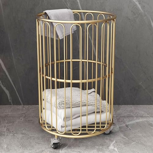 Metal Laundry Basket with Wheels, Gold Laundry Basket, Multifunctional Storage Basket, Round Wire Basket for Room, Bathroom, 32 * 32 * 54cm