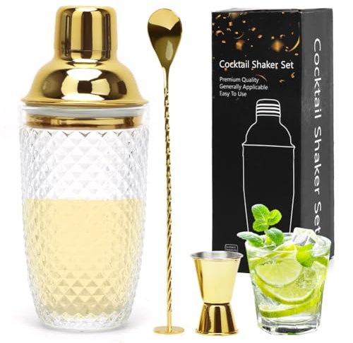Coctelera de cristal, 400 ml, de cristal transparente, juego de cocteleras, accesorios de bar, coctelera con vaso medidor, cuchara de bar para el hogar, regalo para hombres (dorado)