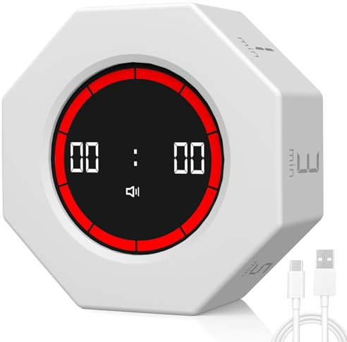 Dealswin Temporizador con Sensor de Gravedad Recargable, Pomodoro Timer Digital Temporizador Visual 1/3/5/15/30/60/90 Minutos para Niños, Trabajo, Estudio, Cocina (Blanco)