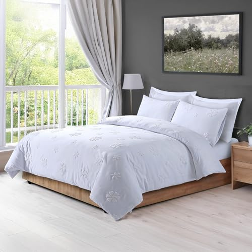 LYMA Bedding Duvet Cover Set Super King Flower Tufted, OEKO-TEX Certified, Ultra Soft NanoPlush Double Brushed Quick Dry & Button Closure, Wrinkle Fade Resistant Quilt Cover with Pillowcases (White)