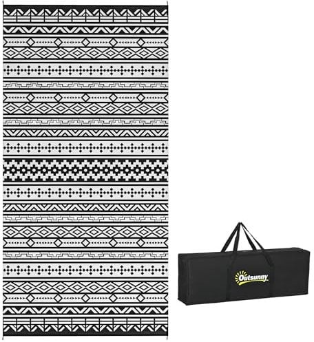 Outsunny Outdoor Teppich robuster Wetterfest Outdoorteppich, faltbar Carpet mit Boho-Style, Outdoor-Teppich für Wohnzimmer Balkon Garten Terrasse Bad Flur Küche, 548 x 274 cm Schwarz+Weiß