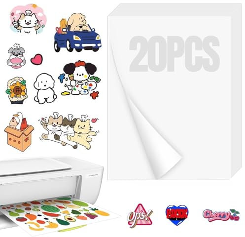 20 Sheets A4 Printable Sticker Paper, White Matte Printable Sticky Labels for Printer, Waterproof Vinyl Sticker Printer Paper, Self-Adhesive Vinyl Inkjet Film Decal for Inkjet & Laser Printers, White