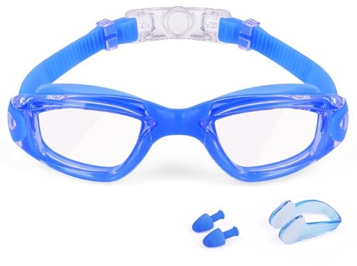 DiULi Lunettes de Natation Adultes à verres transparents,Antibuée Protection contre les UV,Lunettes de Piscine avec Verres Larges,avec Pince Nez Natation et Bouchons Oreille en Silicone, Mixte,Bleu