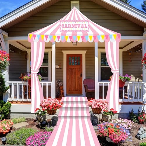 Fanfanwin 4 Pcs Carnival Circus Tent Decorations Carnival Entryway Door Party Decor Pink and White Striped Awning Hanging Banner Aisle Runners Supply for Circus Theme Birthday Celebration(Exquisite)