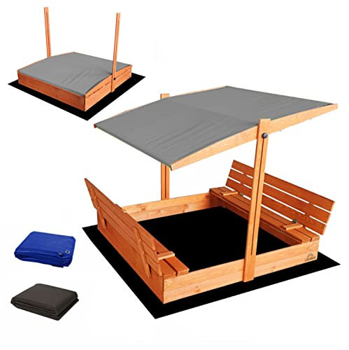 Sandkasten für Kinder, aus geschlossenem Holz, 140 x 140 cm, mit Sandkastenbänken mit Deckel, imprägniertes Kiefernholz, Sandkasten mit tiefliegendem Dach – 1 Schutzplane, 1 Isolierplane, Grau